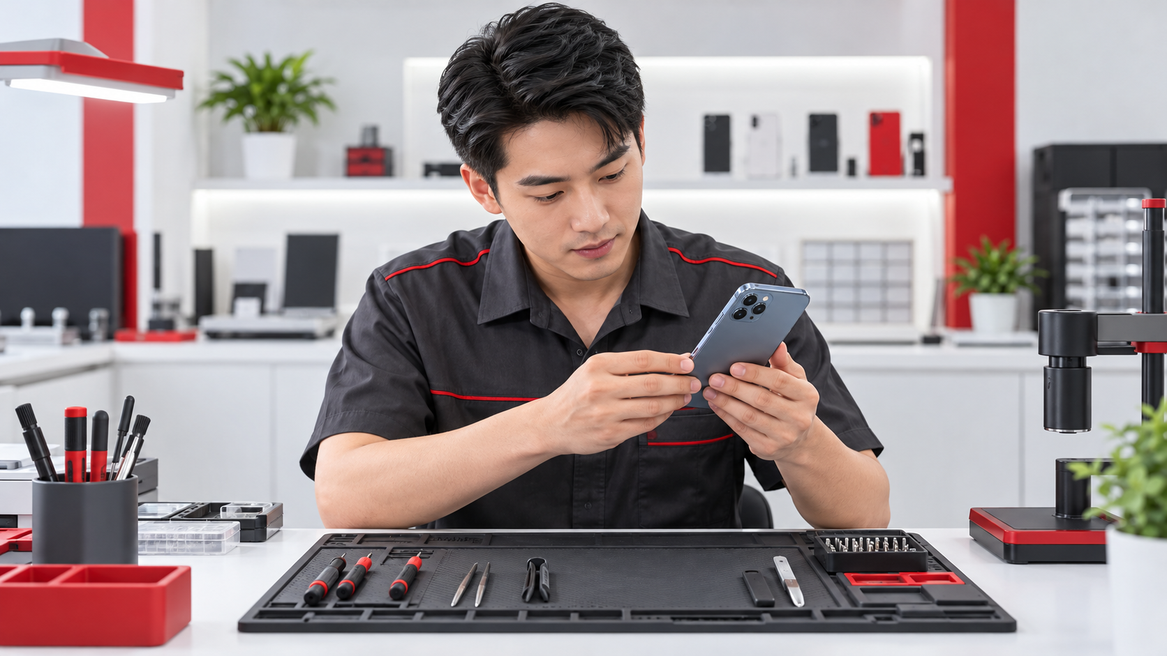 Minh họa nhân viên kiểm tra điện thoại trong quá trình tiếp nhận bảo hành